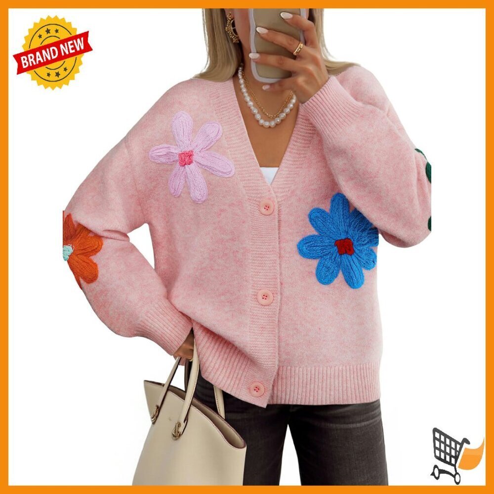 Floral Knit Cardigan Long Sleeve Open Front V-Neck Sweater